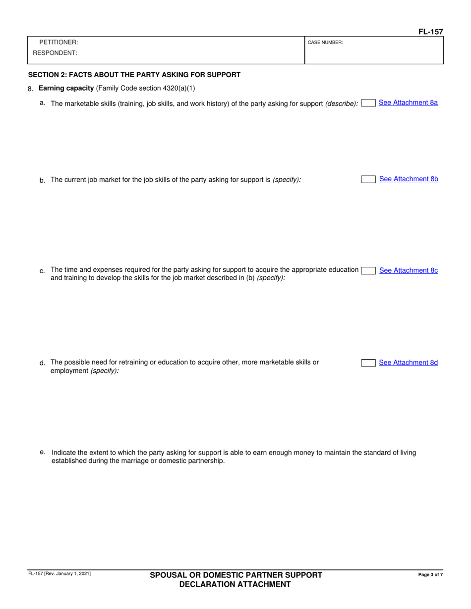 Form FL-157 Spousal or Domestic Partner Support Declaration Attachment - California, Page 3