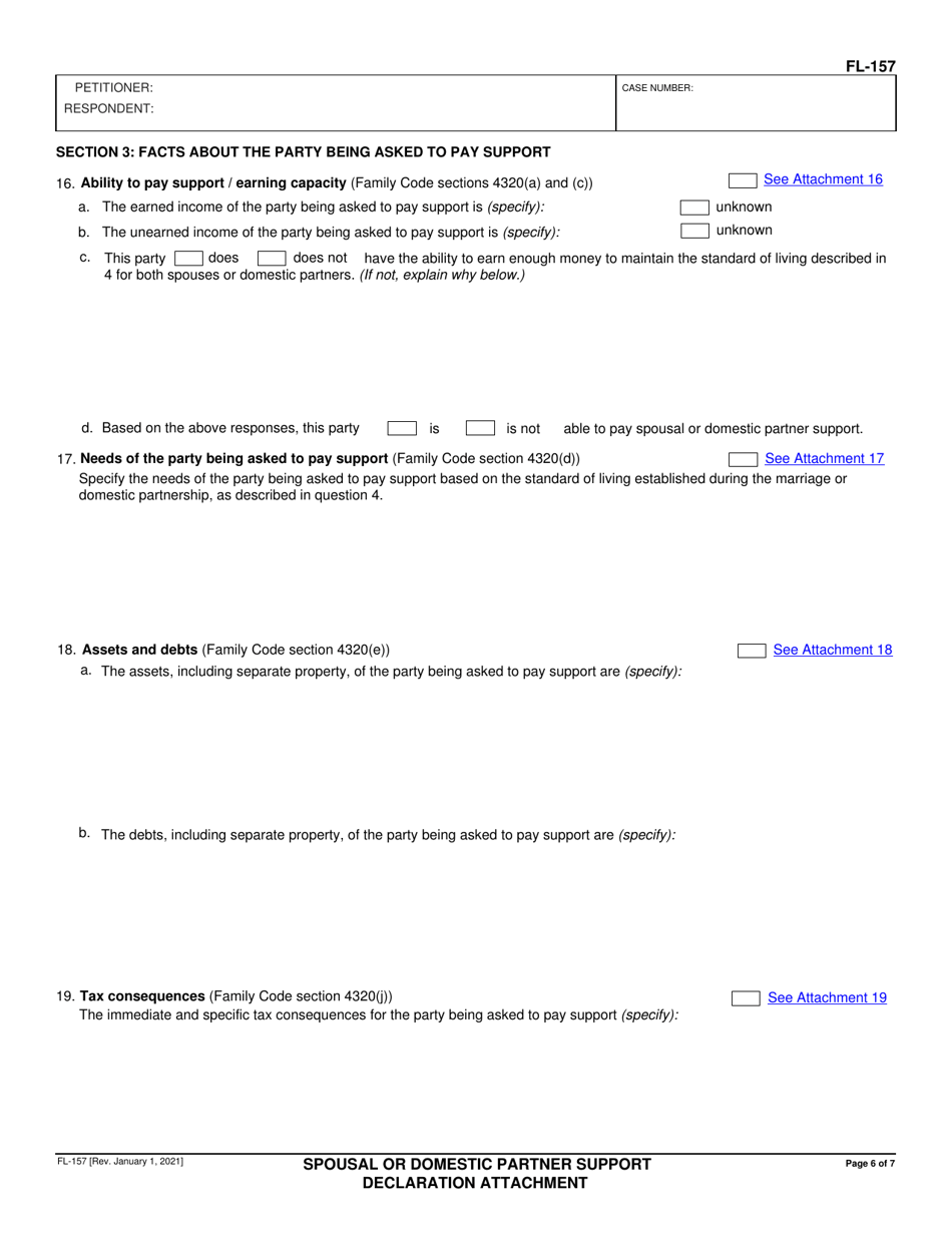 Form FL-157 Spousal or Domestic Partner Support Declaration Attachment - California, Page 6