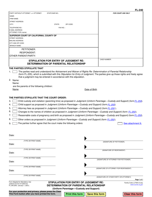 Form FL-240 Stipulation for Entry of Judgment Re: Determination of Parental Relationship - California