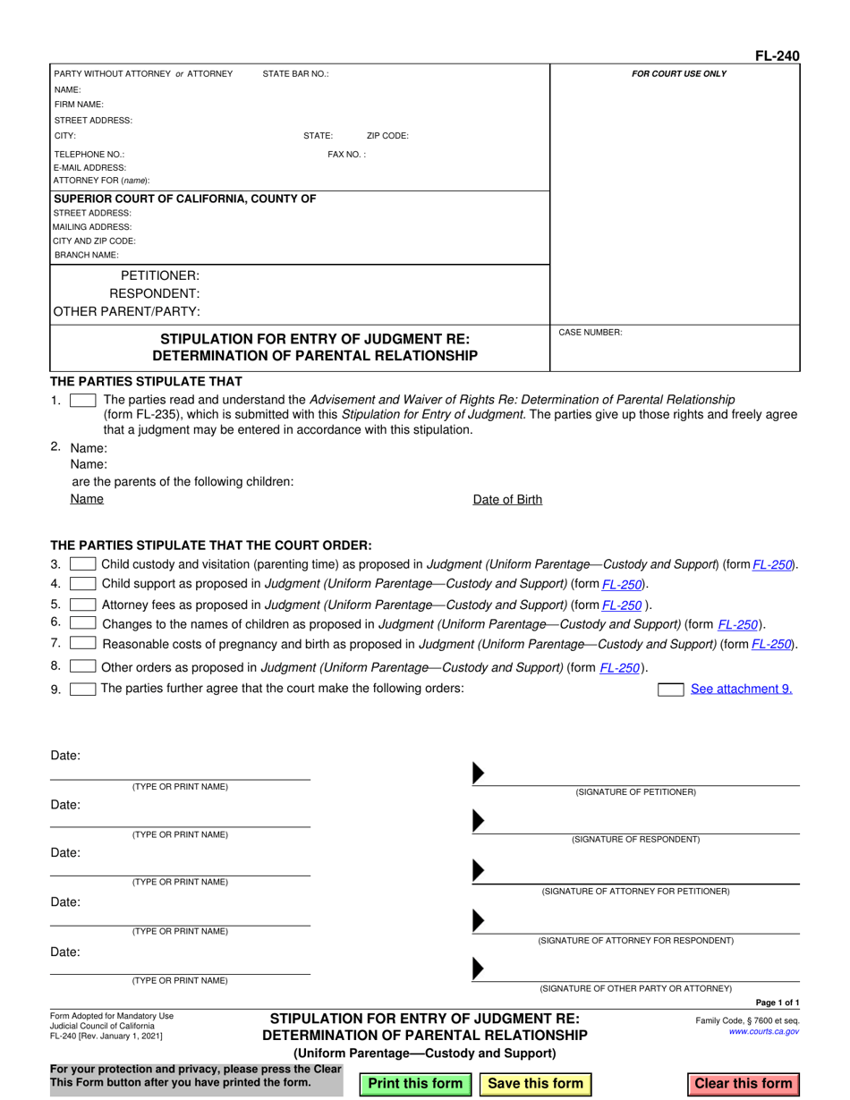 Form FL-240 Download Fillable PDF or Fill Online Stipulation for Entry ...