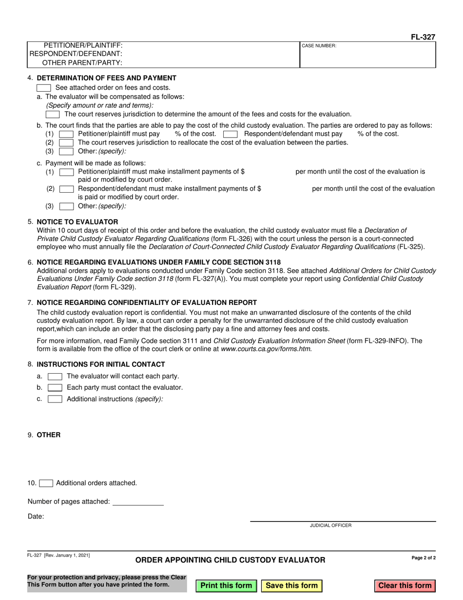Form FL-327 Order Appointing Child Custody Evaluator - California, Page 2