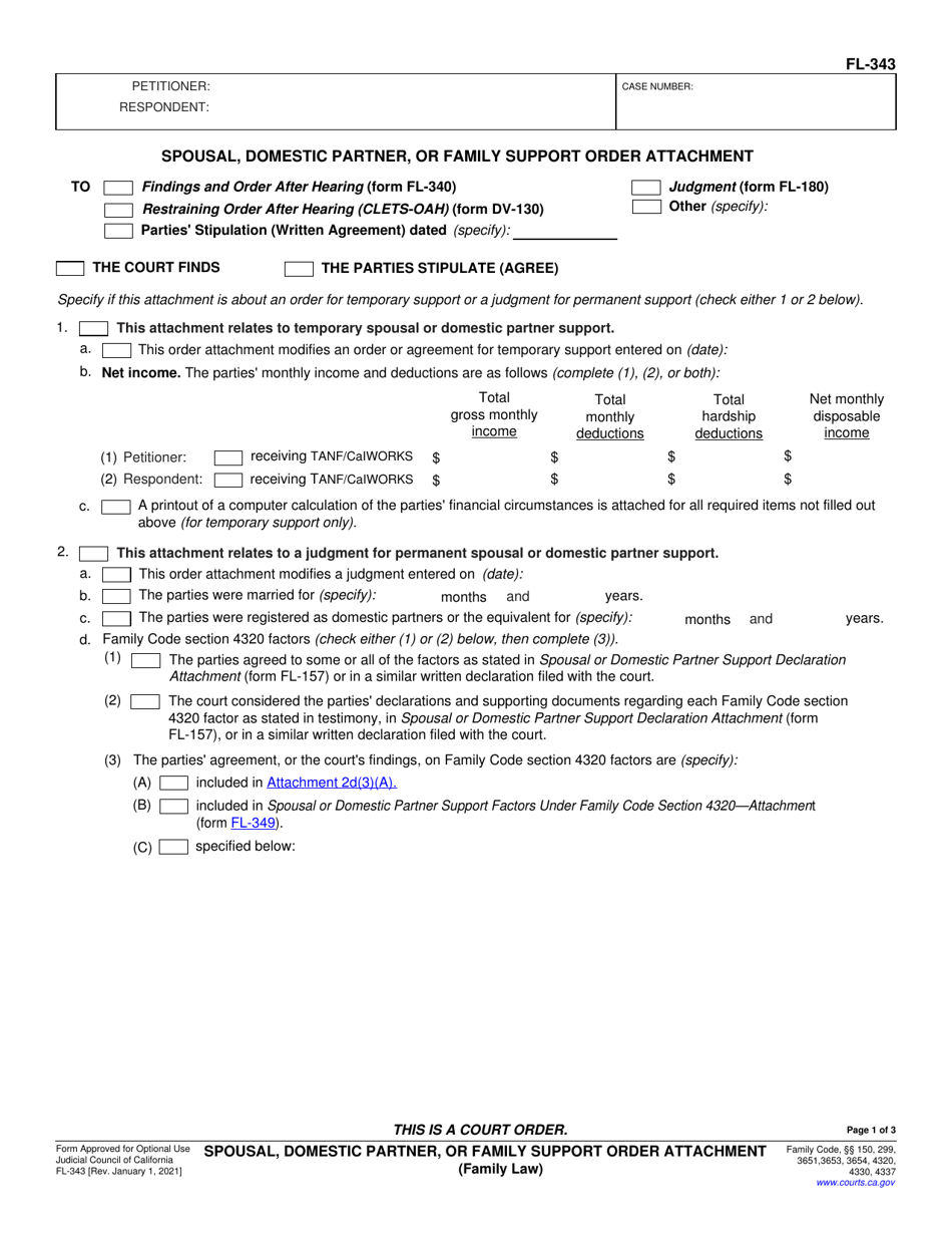 Form FL-343 Spousal, Domestic Partner, or Family Support Order Attachment - California, Page 1