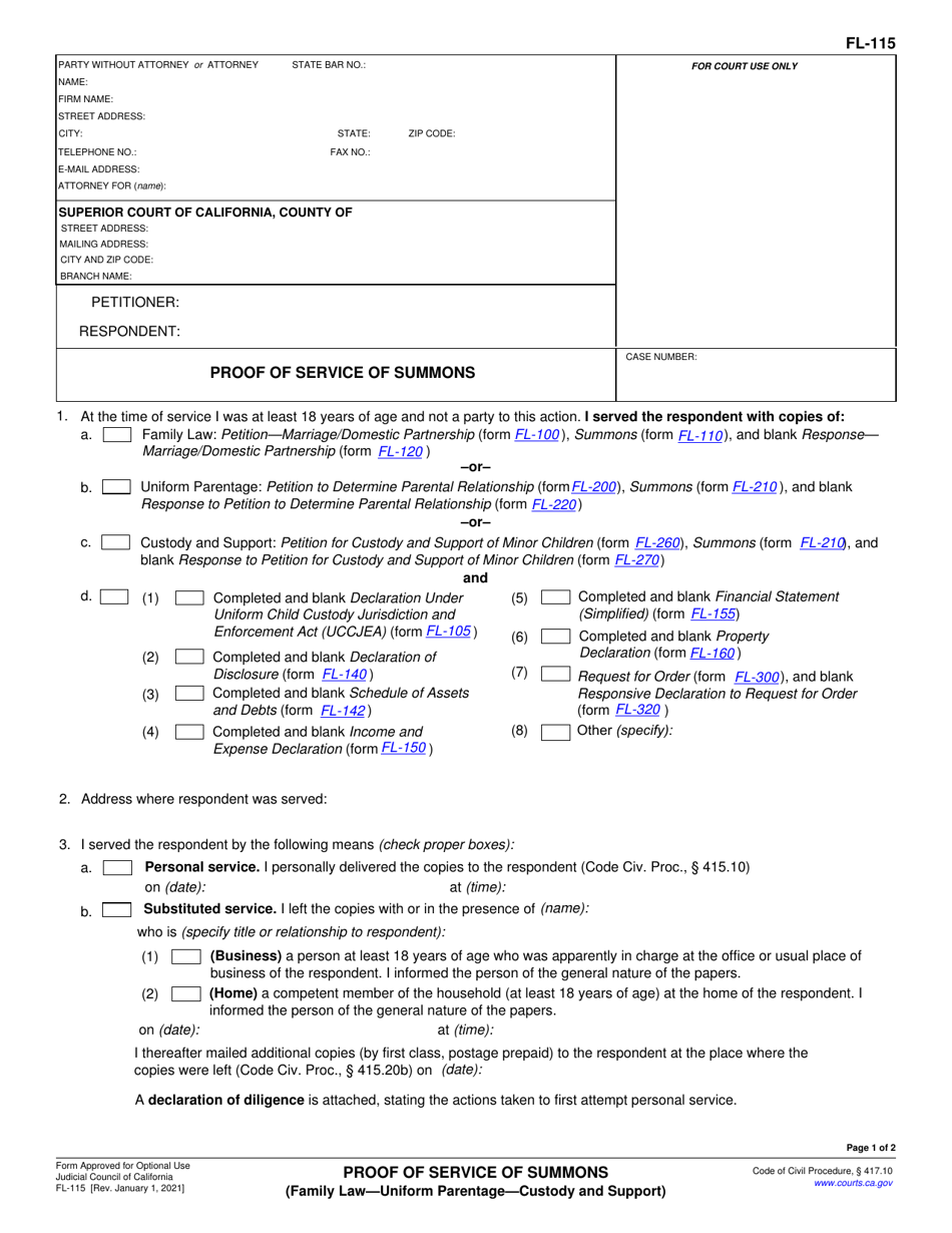 Form FL-115 Proof of Service of Summons - California, Page 1