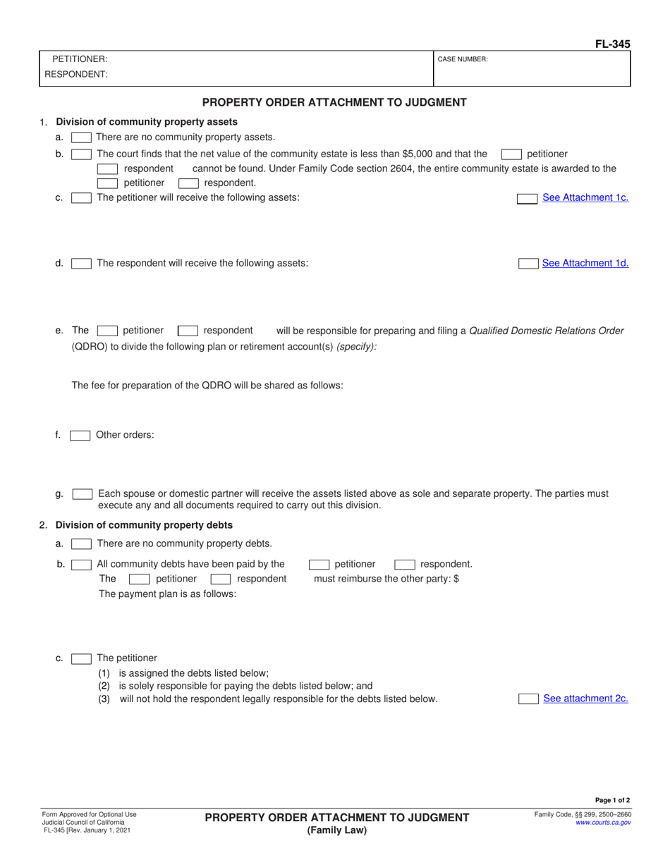 Form FL-345 Property Order Attachment to Judgment - California, Page 1