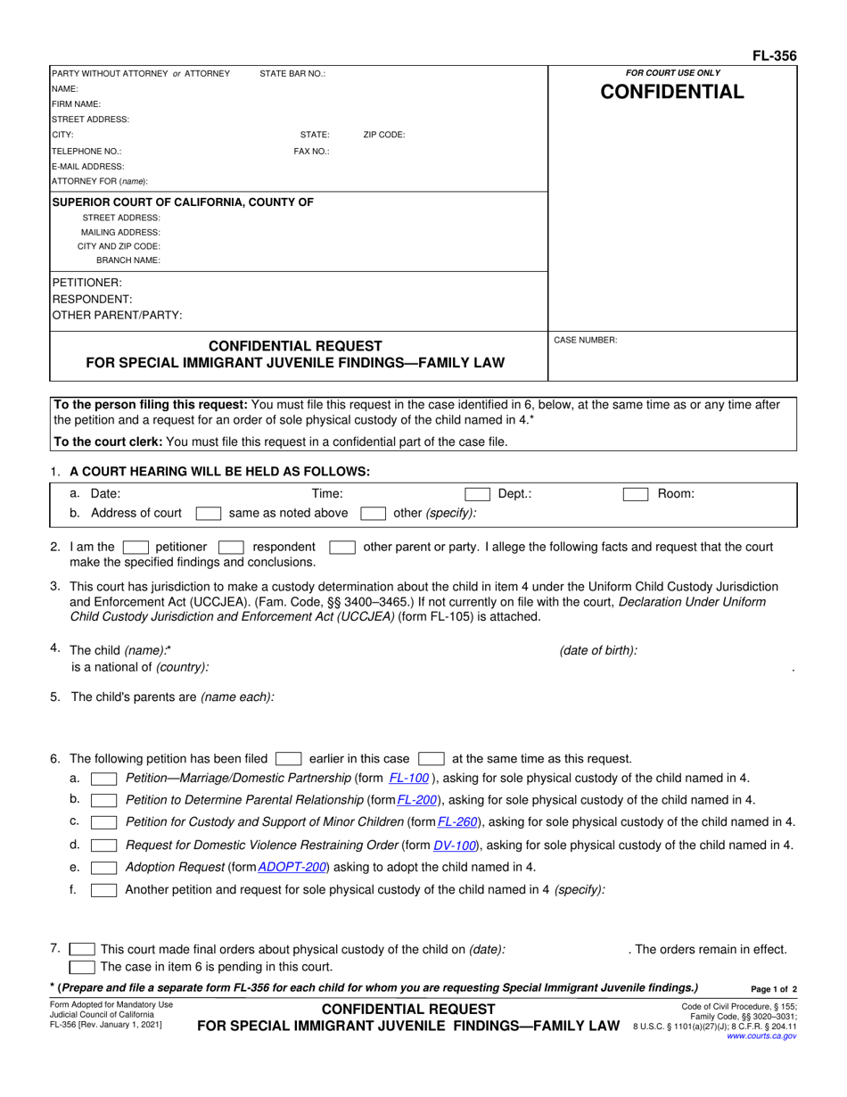 Form FL-356 Confidential Request for Special Immigrant Juvenile Findings - Family Law - California, Page 1