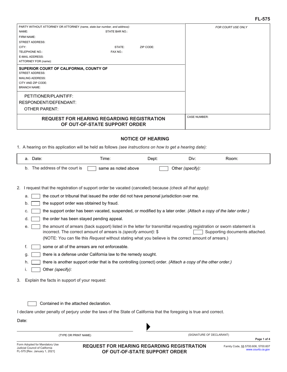Form FL-575 Request for Hearing Regarding Registration of Out-of-State Support Order - California, Page 1