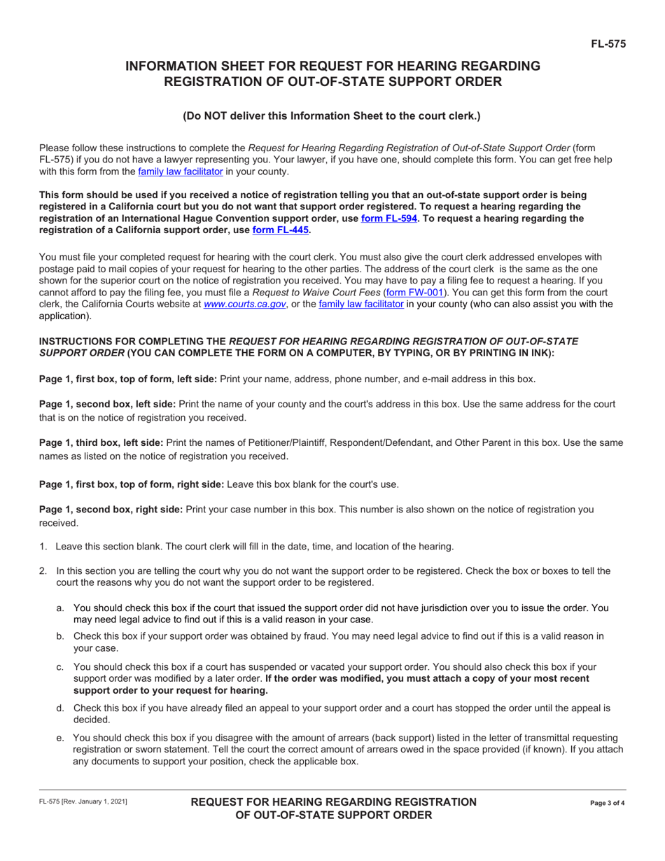 Form FL-575 Request for Hearing Regarding Registration of Out-of-State Support Order - California, Page 3