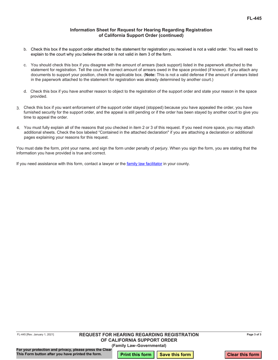 Form FL-445 Request for Hearing Regarding Registration of California Support Order - California, Page 3