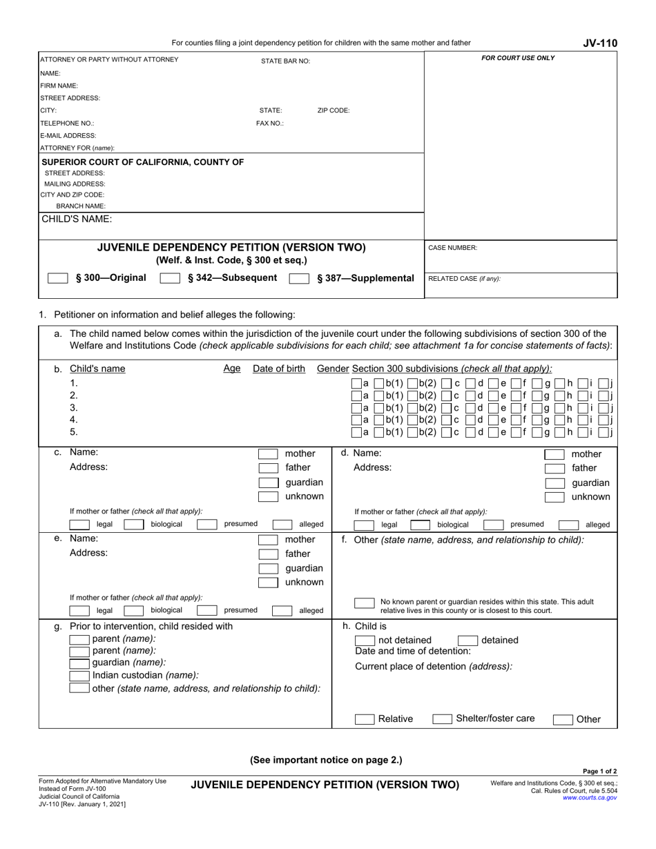 Form JV-110 Juvenile Dependency Petition (Version Two) - California, Page 1