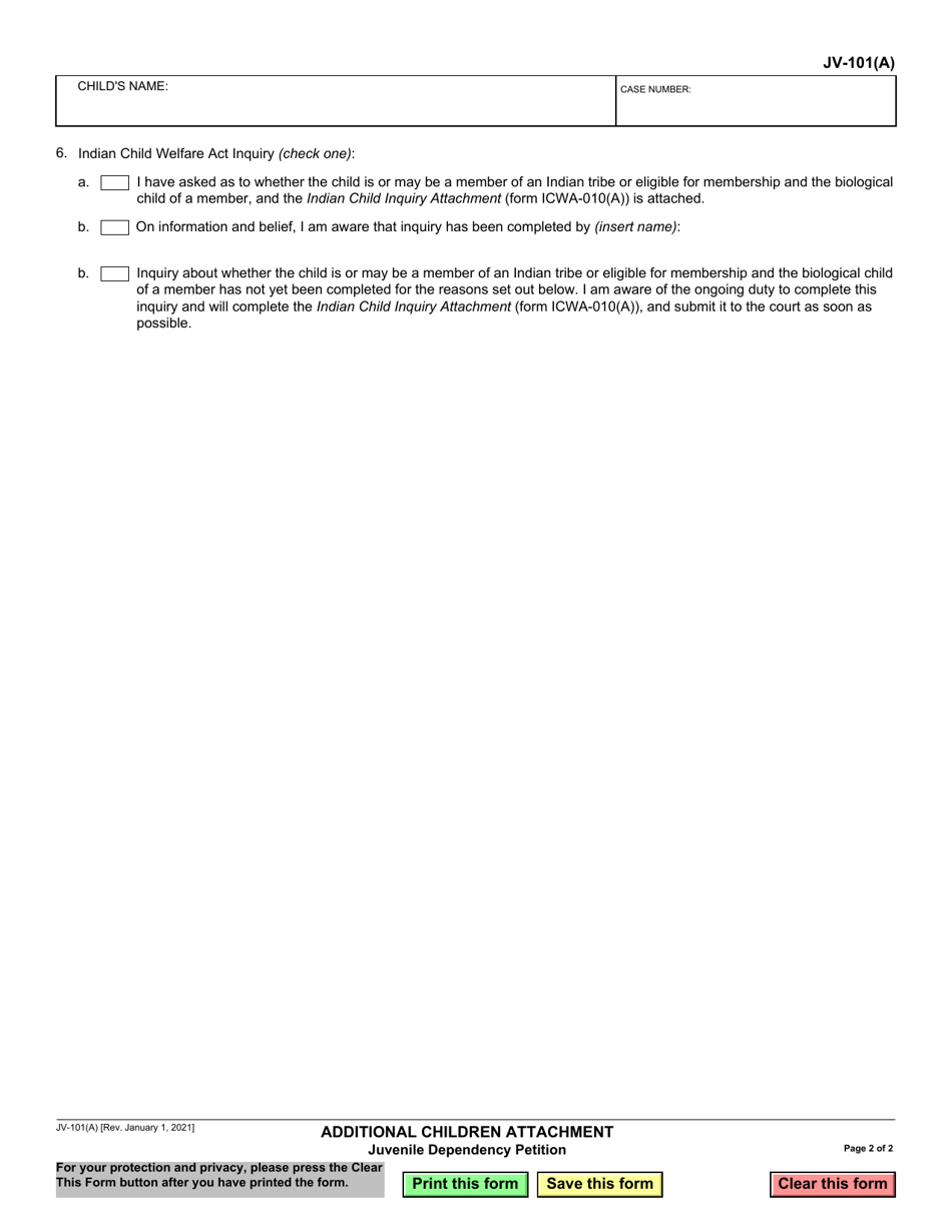 Form JV-101(A) Additional Children Attachment - Juvenile Dependency Petition - California, Page 2