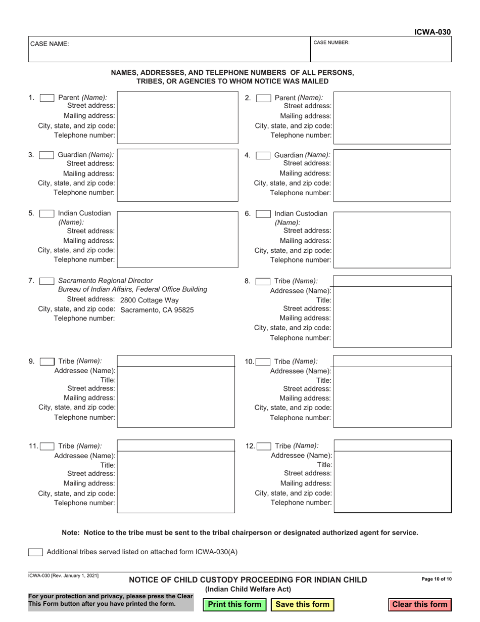 Form ICWA-030 Notice of Child Custody Proceeding for Indian Child (Indian Child Welfare Act) - California, Page 10