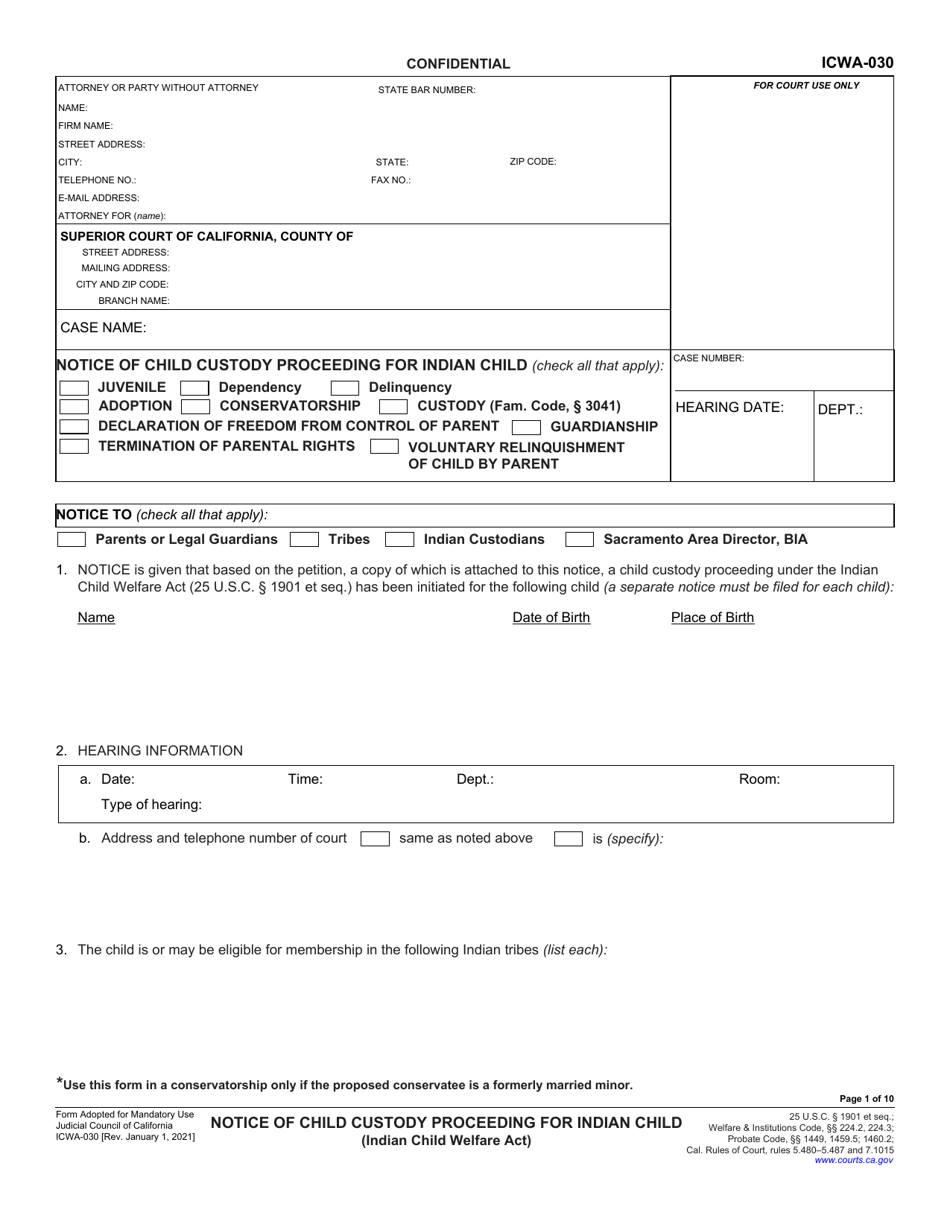 Form ICWA-030 Notice of Child Custody Proceeding for Indian Child (Indian Child Welfare Act) - California, Page 1