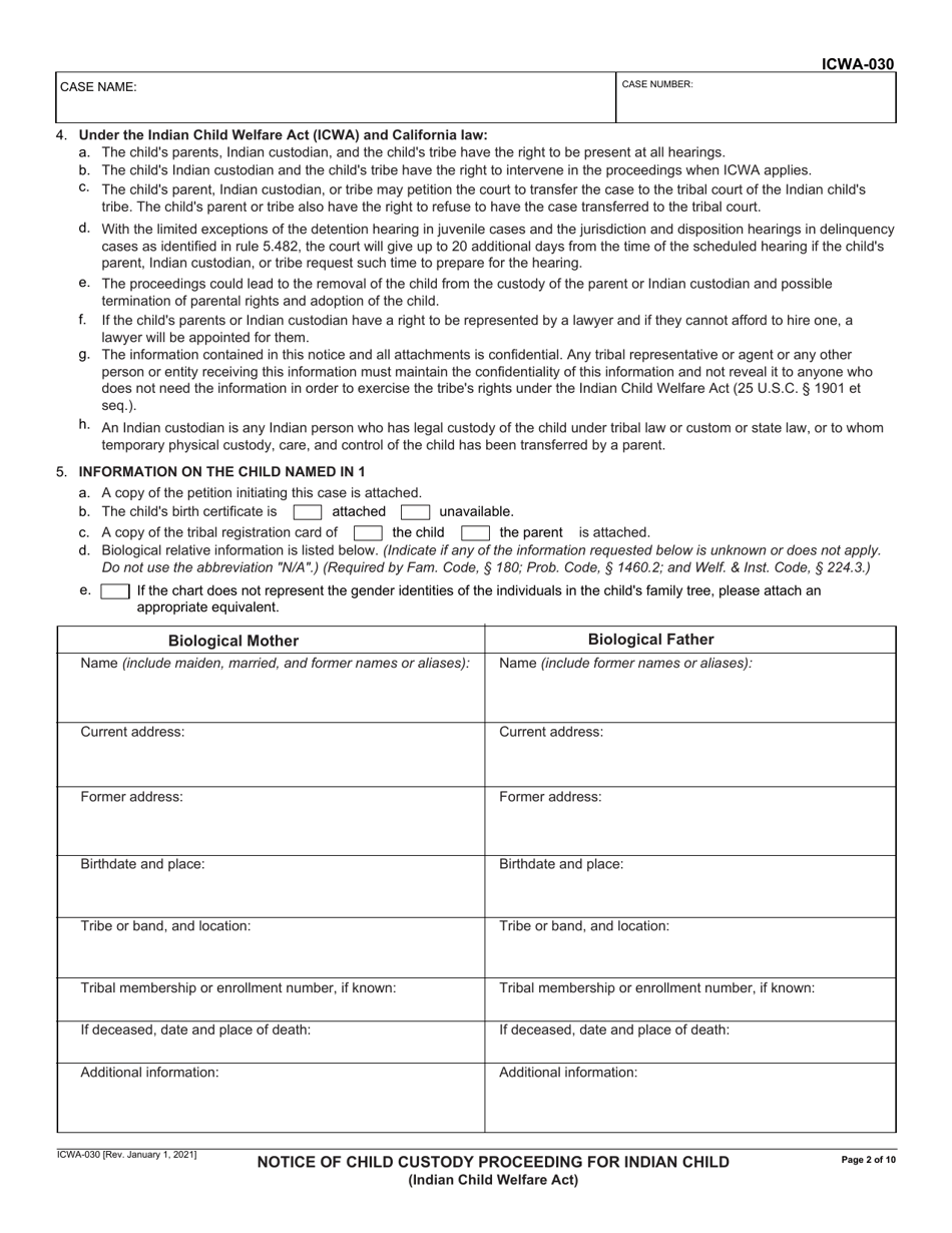 Form ICWA-030 Notice of Child Custody Proceeding for Indian Child (Indian Child Welfare Act) - California, Page 2