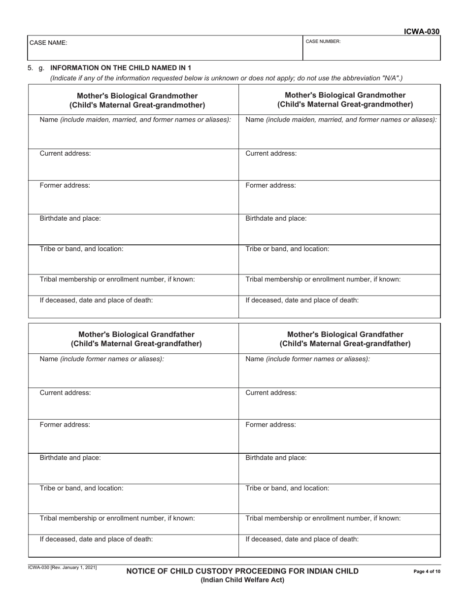 Form ICWA-030 Notice of Child Custody Proceeding for Indian Child (Indian Child Welfare Act) - California, Page 4