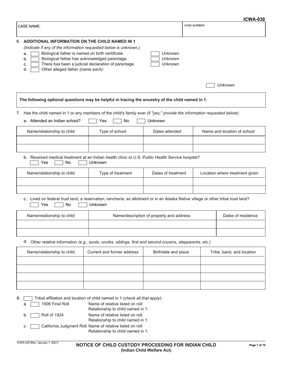 Form ICWA-030 Notice of Child Custody Proceeding for Indian Child (Indian Child Welfare Act) - California, Page 7