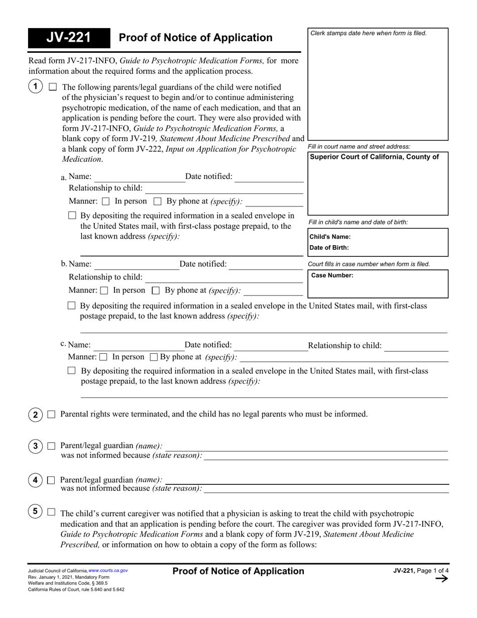 Form JV-221 Proof of Notice of Application - California, Page 1