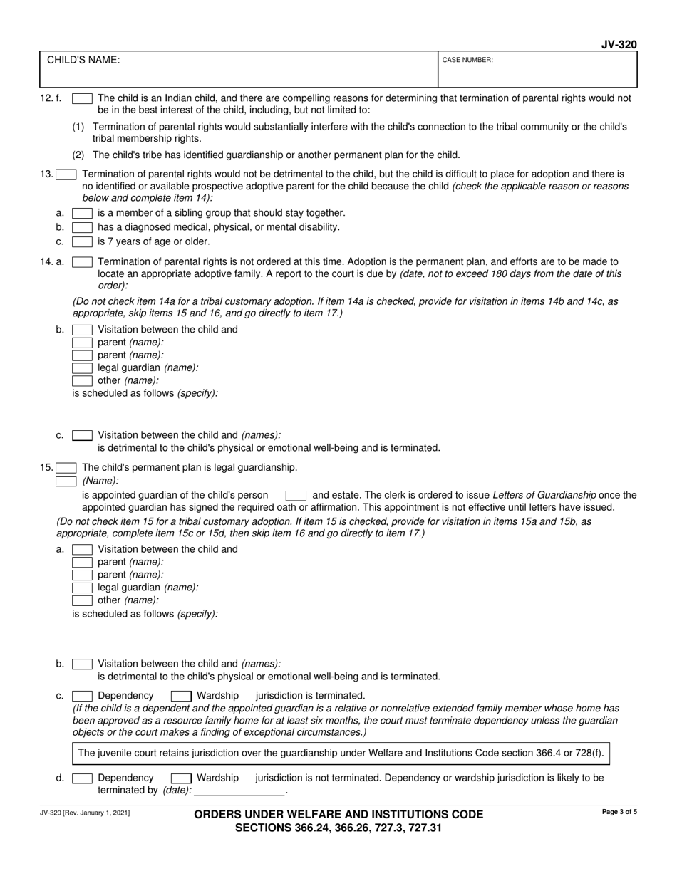 Form JV-320 Orders Under Welfare and Institutions Code Sections 366.24, 366.26, 727.3, 727.31 - California, Page 3