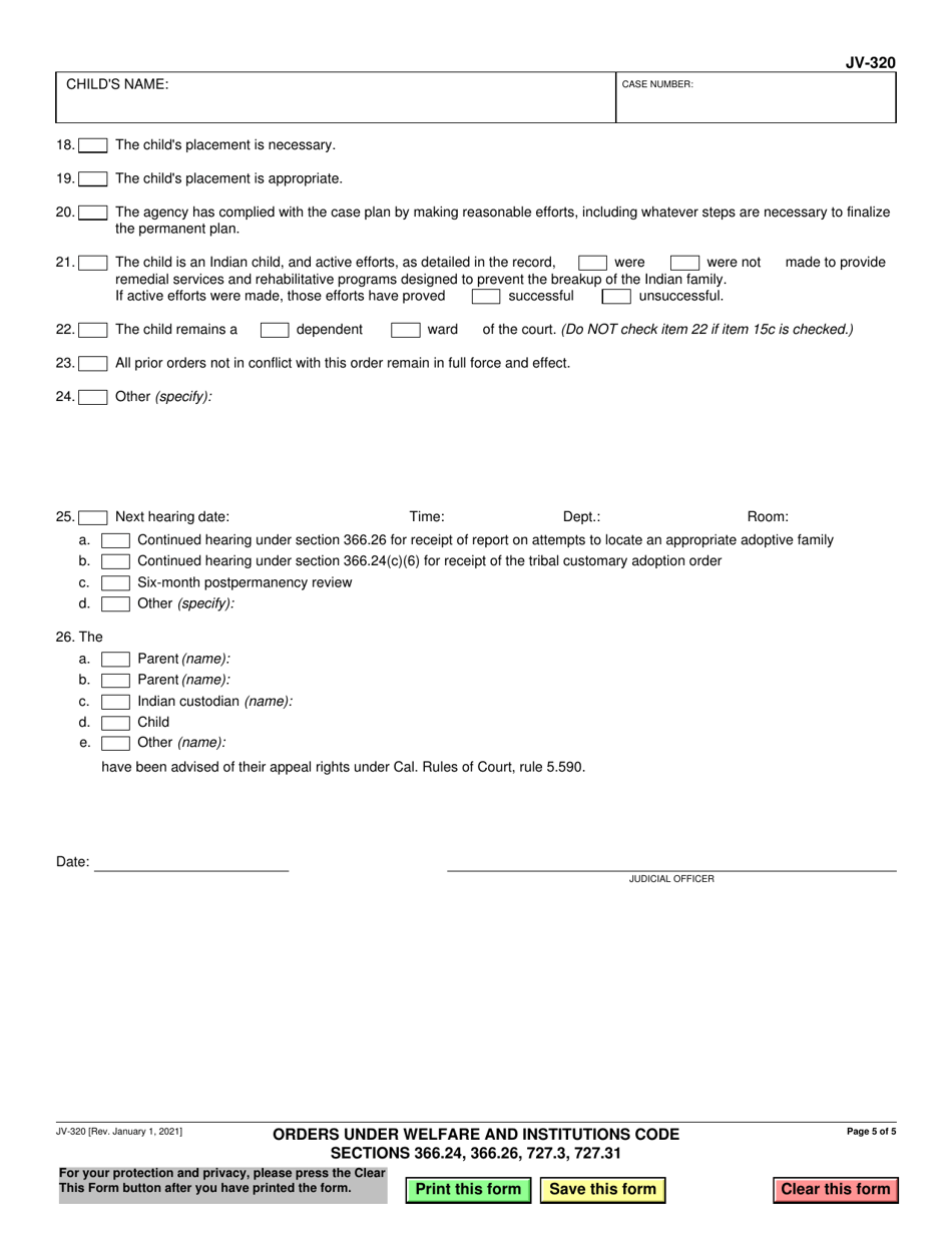 Form JV-320 Orders Under Welfare and Institutions Code Sections 366.24, 366.26, 727.3, 727.31 - California, Page 5
