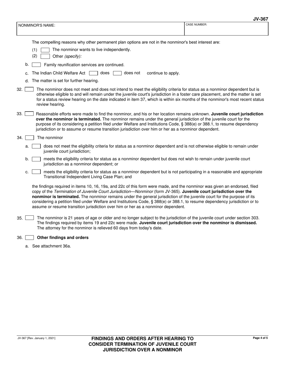 Form JV-367 Findings and Orders After Hearing to Consider Termination of Juvenile Court Jurisdiction Over a Nonminor - California, Page 4