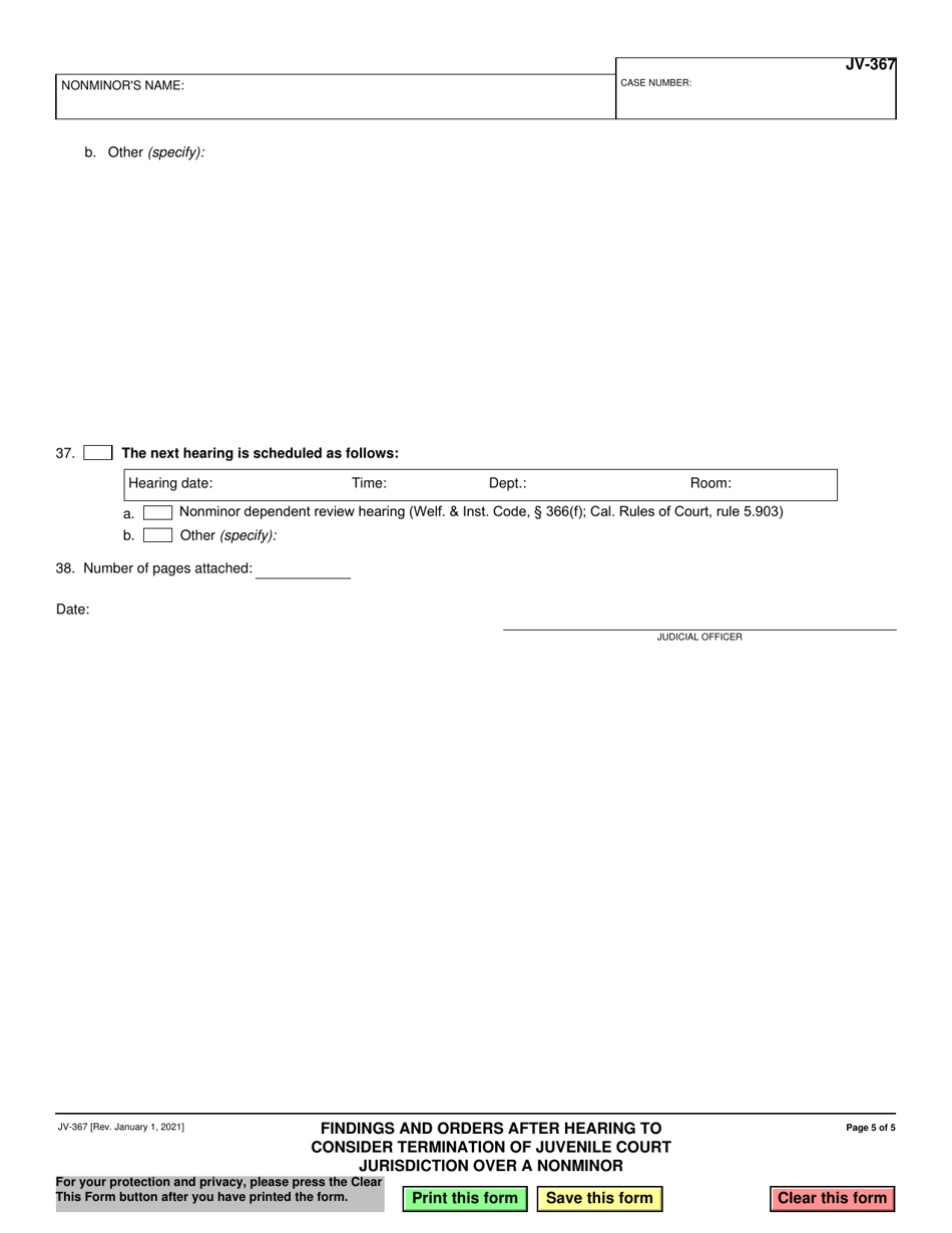 Form JV-367 Findings and Orders After Hearing to Consider Termination of Juvenile Court Jurisdiction Over a Nonminor - California, Page 5