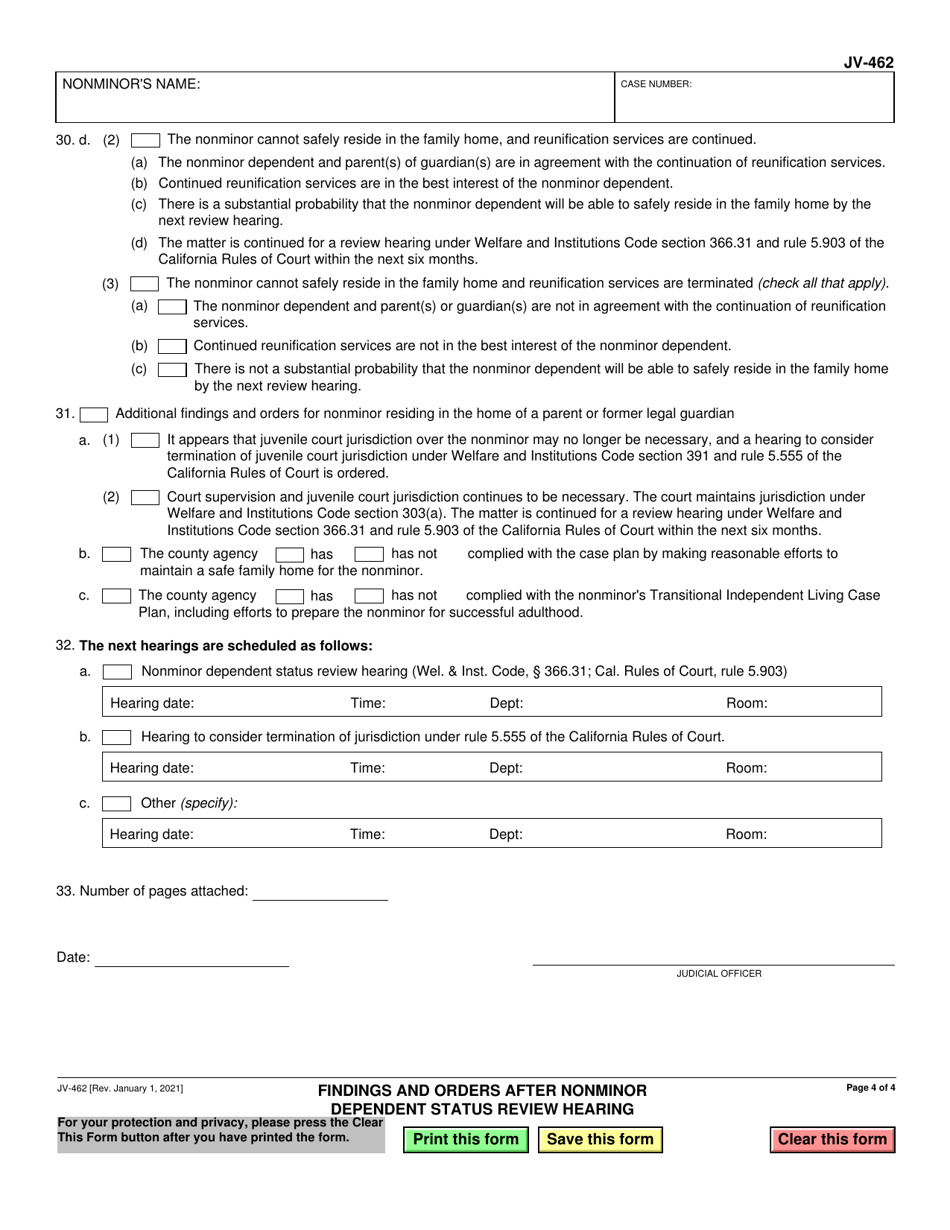 Form JV-462 Findings and Orders After Nonminor Dependent Status Review Hearing - California, Page 4