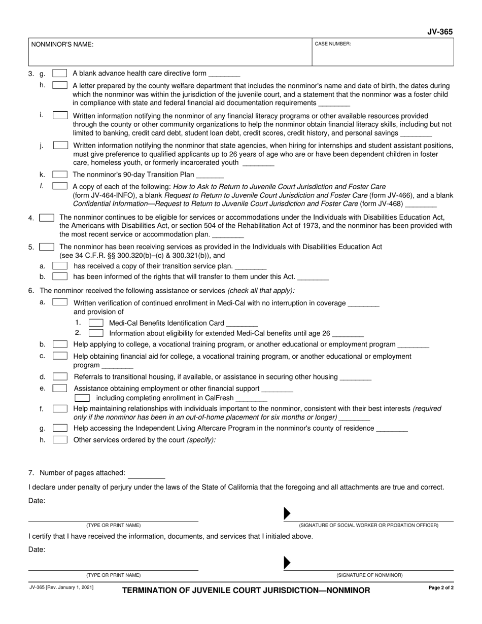 Form JV-365 Termination of Juvenile Court Jurisdiction - Nonminor - California, Page 2