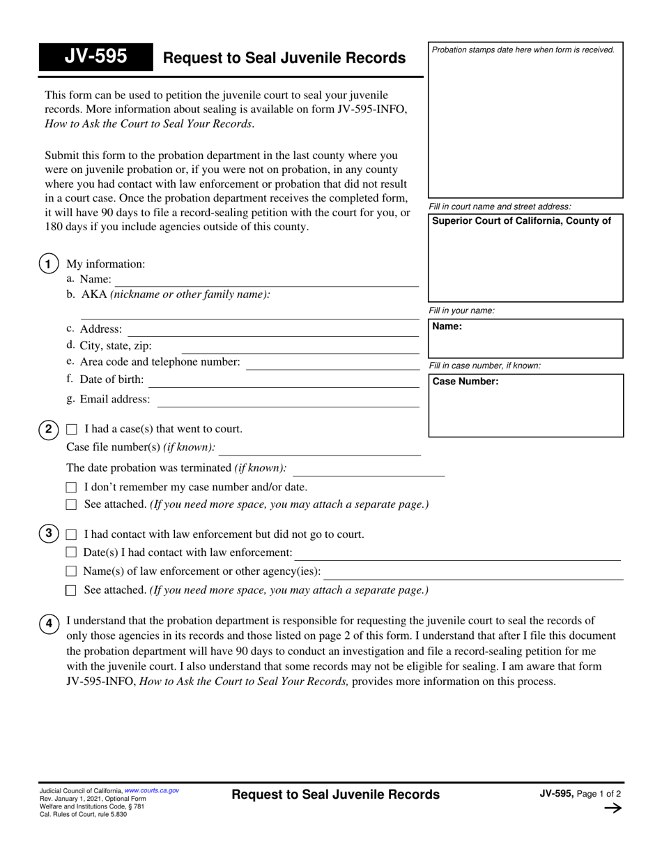 Form JV-595 Request to Seal Juvenile Records - California, Page 1