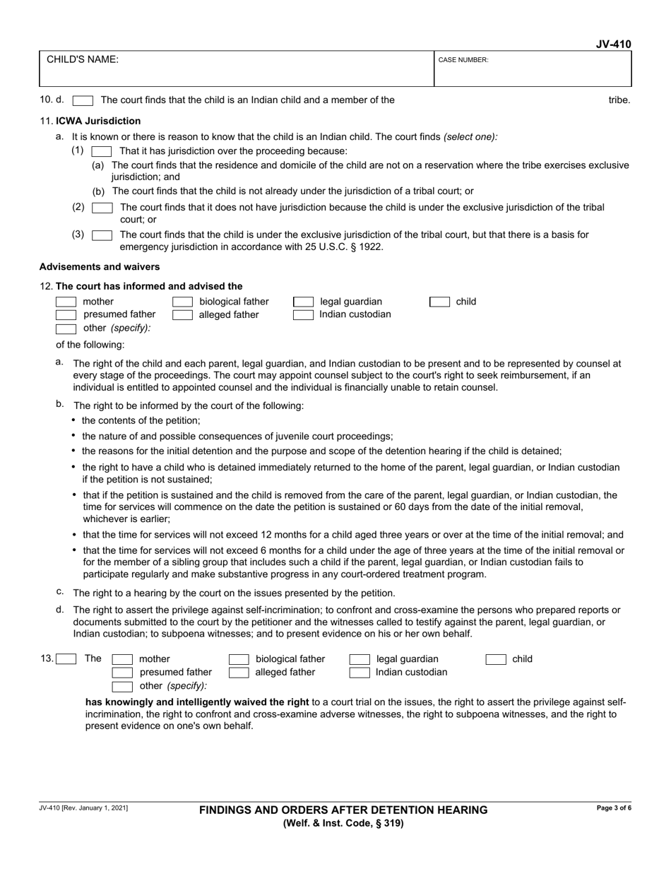 Form JV-410 Findings and Orders After Detention Hearing (Welf.  Inst. Code, 319) - California, Page 3