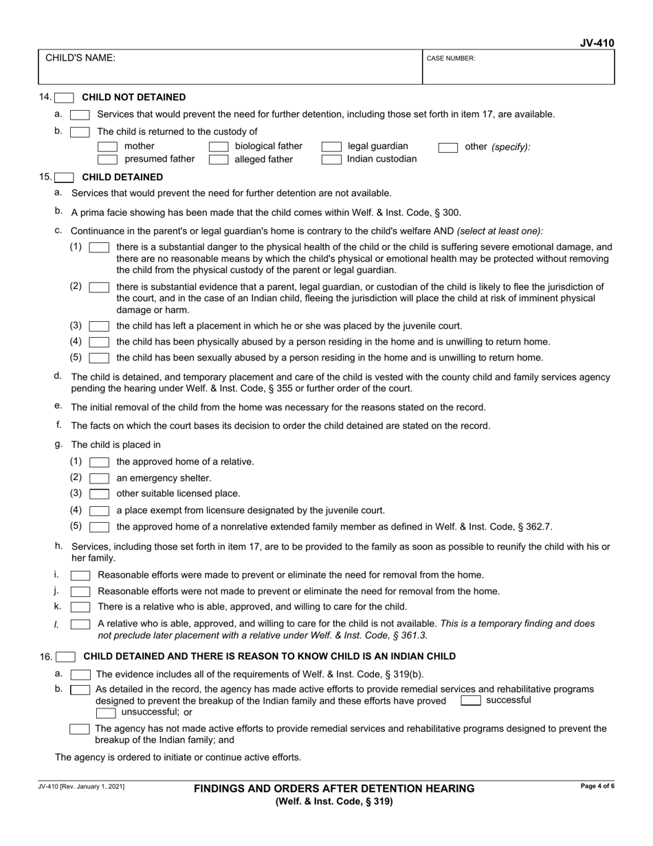 Form JV-410 Findings and Orders After Detention Hearing (Welf.  Inst. Code, 319) - California, Page 4