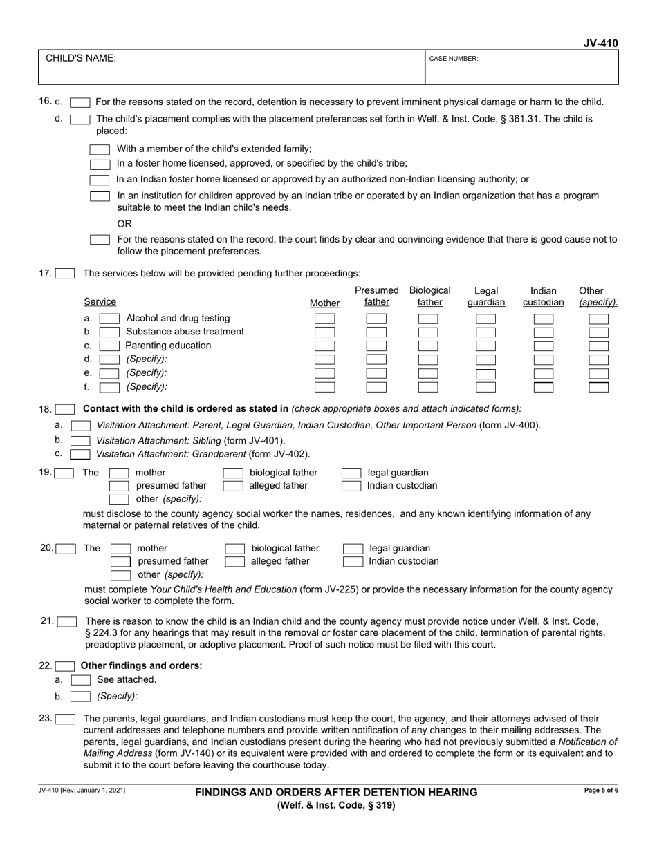Form JV-410 Findings and Orders After Detention Hearing (Welf.  Inst. Code, 319) - California, Page 5