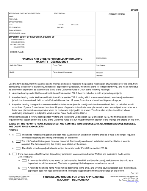 Form JV-680 Findings and Orders for Child Approaching Majority - Delinquency - California