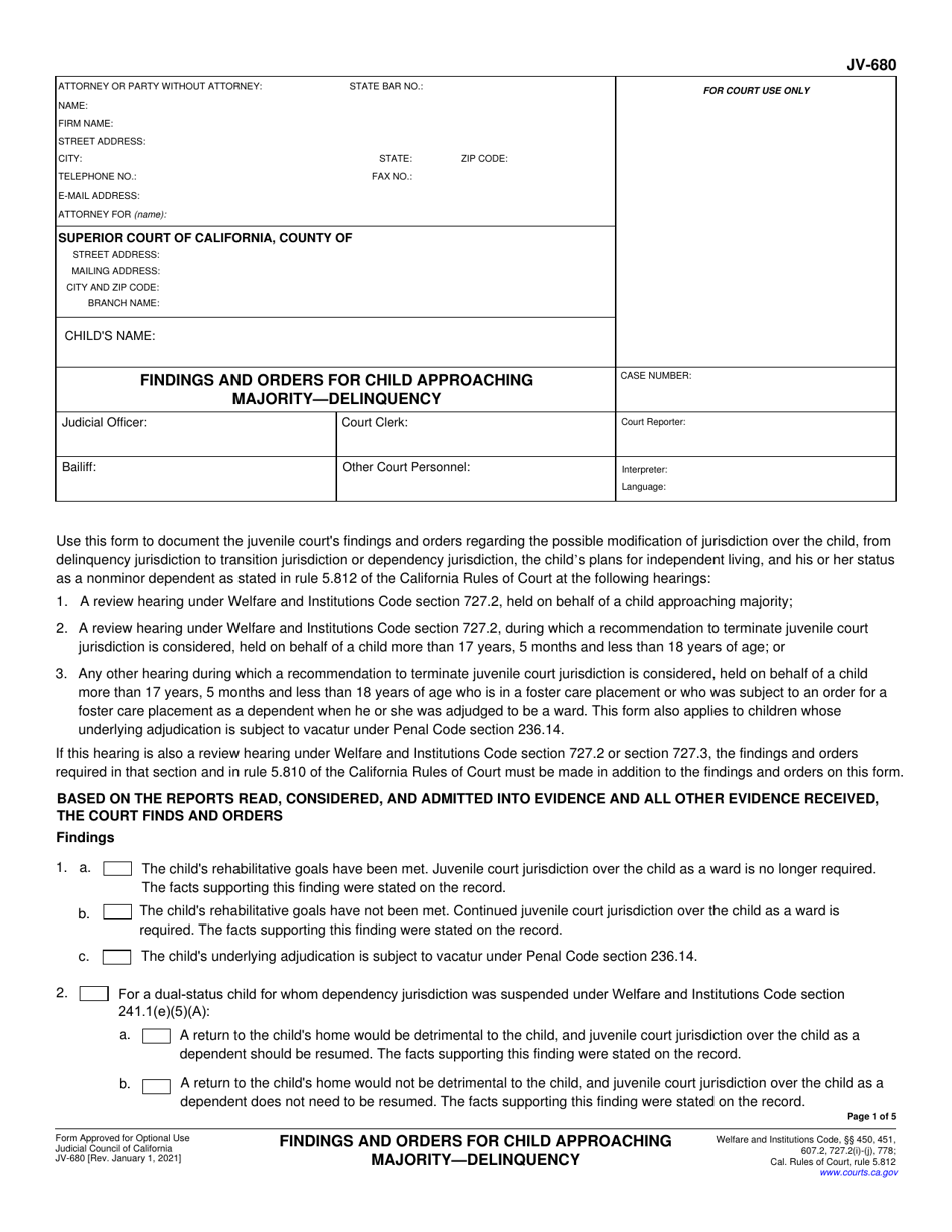 Form JV-680 Findings and Orders for Child Approaching Majority - Delinquency - California, Page 1