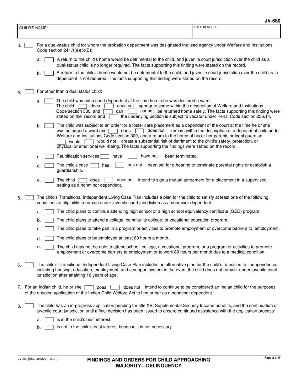 Form JV-680 Findings and Orders for Child Approaching Majority - Delinquency - California, Page 2