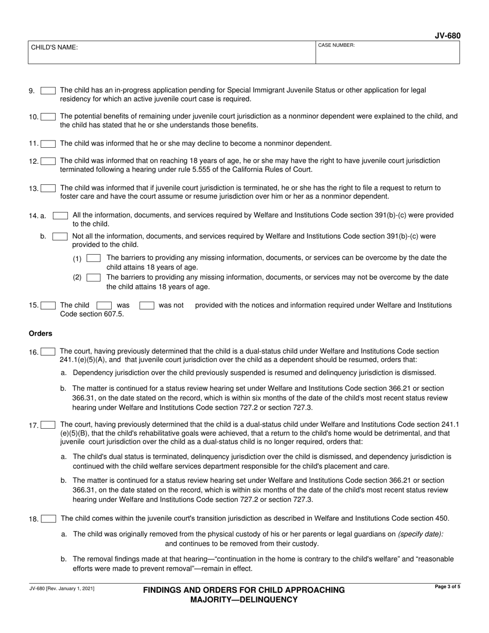Form JV-680 Findings and Orders for Child Approaching Majority - Delinquency - California, Page 3