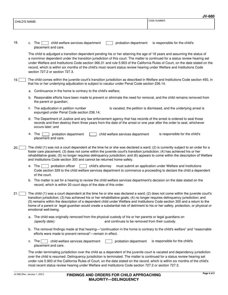 Form JV-680 Findings and Orders for Child Approaching Majority - Delinquency - California, Page 4