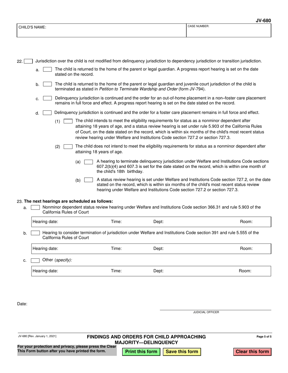 Form JV-680 Findings and Orders for Child Approaching Majority - Delinquency - California, Page 5