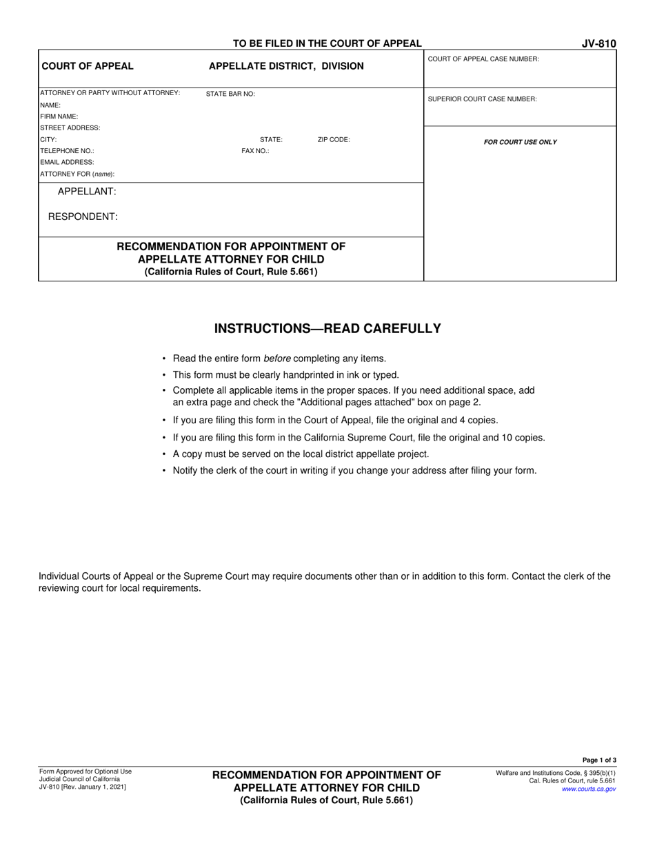Form JV-810 Recommendation for Appointment of Appellate Attorney for Child - California, Page 1