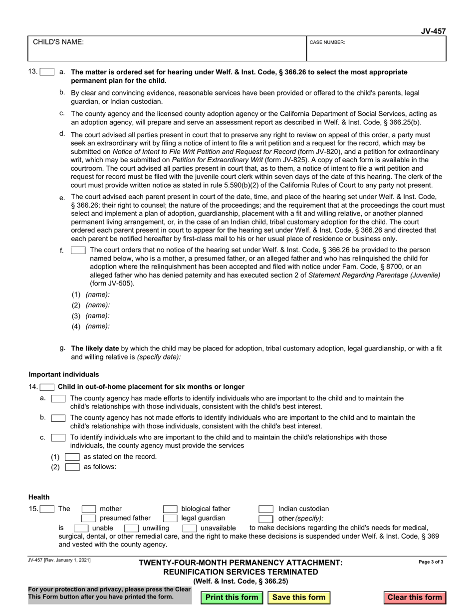 Form JV-457 Twenty-Four-Month Permanency Attachment: Reunification Services Terminated (Welf.  Inst. Code, 366.25) - California, Page 3