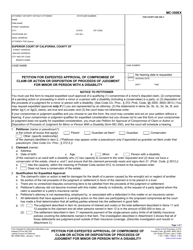 Document preview: Form MC-350EX Petition for Expedited Approval of Compromise of Claim or Action or Disposition of Proceeds of Judgment for Minor or Person With a Disability - California