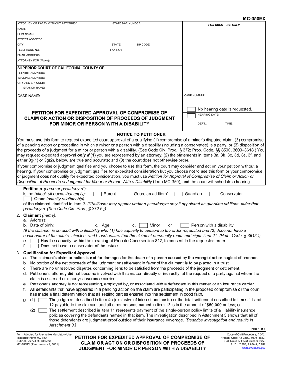 Form MC-350EX Petition for Expedited Approval of Compromise of Claim or Action or Disposition of Proceeds of Judgment for Minor or Person With a Disability - California, Page 1