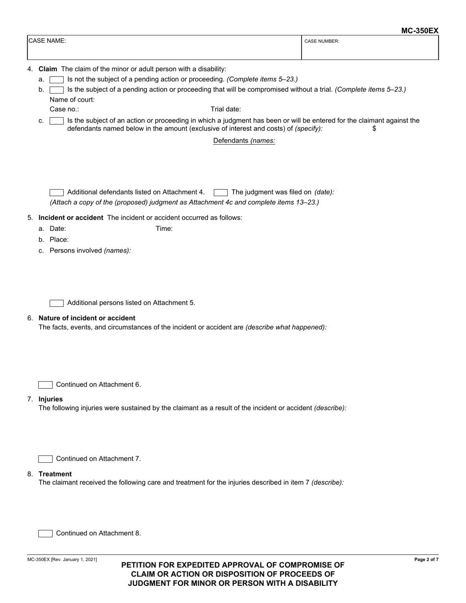 Form MC-350EX Petition for Expedited Approval of Compromise of Claim or Action or Disposition of Proceeds of Judgment for Minor or Person With a Disability - California, Page 2