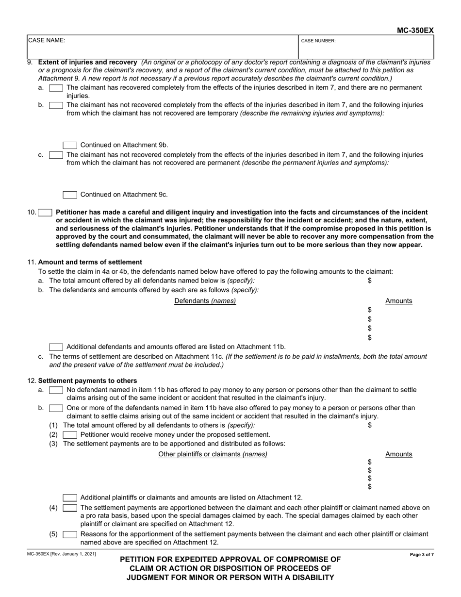 Form MC-350EX Petition for Expedited Approval of Compromise of Claim or Action or Disposition of Proceeds of Judgment for Minor or Person With a Disability - California, Page 3