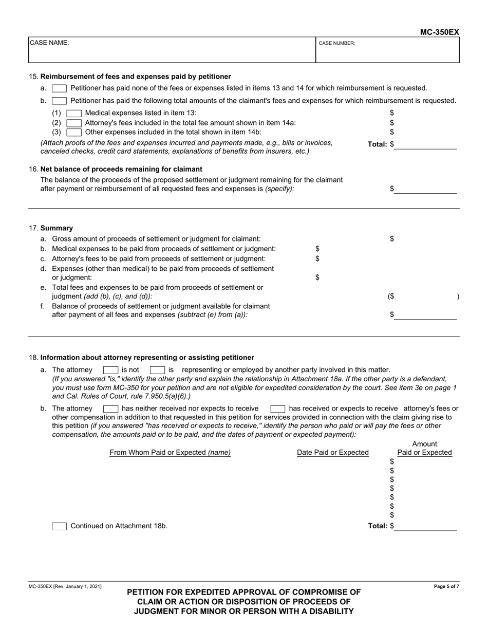 Form MC-350EX Petition for Expedited Approval of Compromise of Claim or Action or Disposition of Proceeds of Judgment for Minor or Person With a Disability - California, Page 5