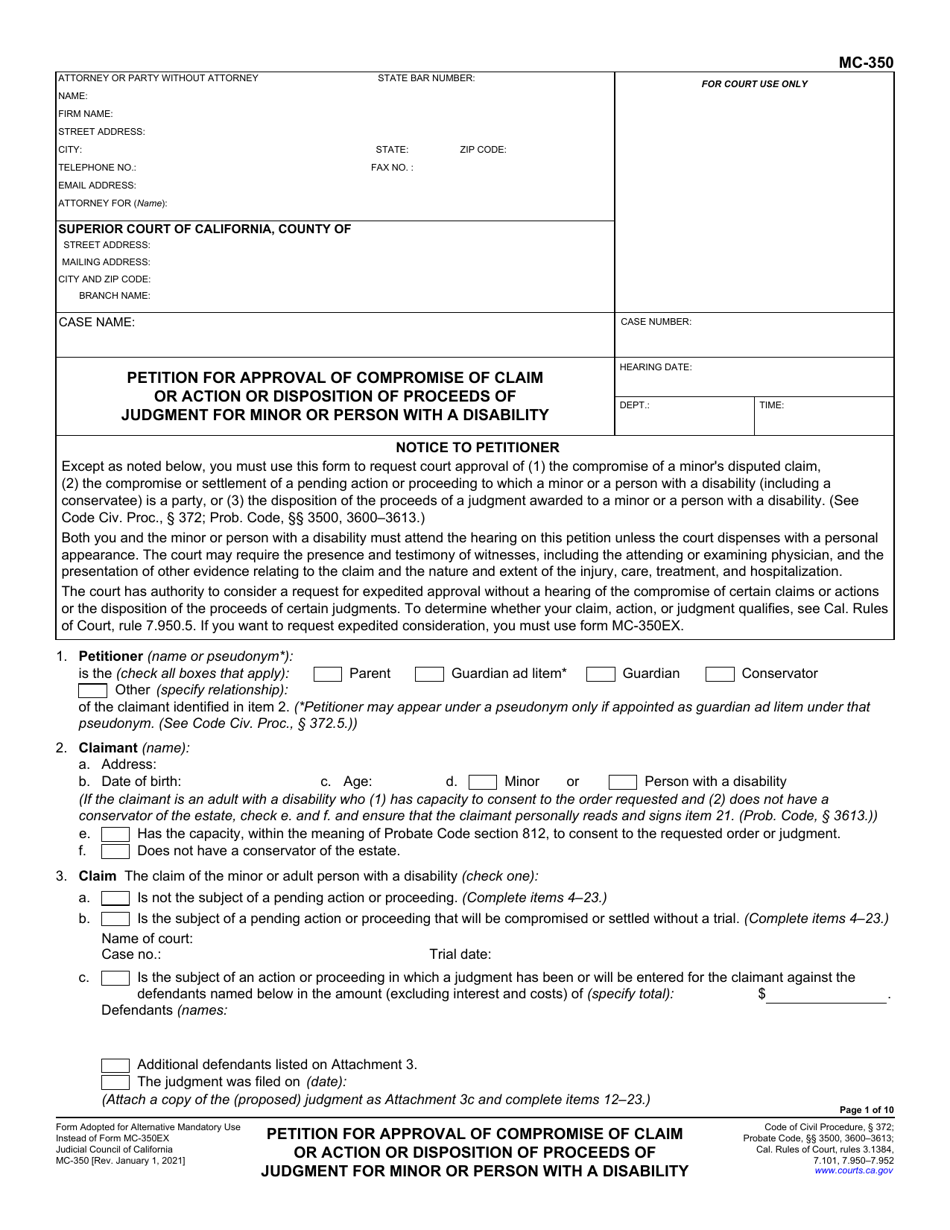 Form MC 350 Download Fillable PDF or Fill Online Petition for Approval