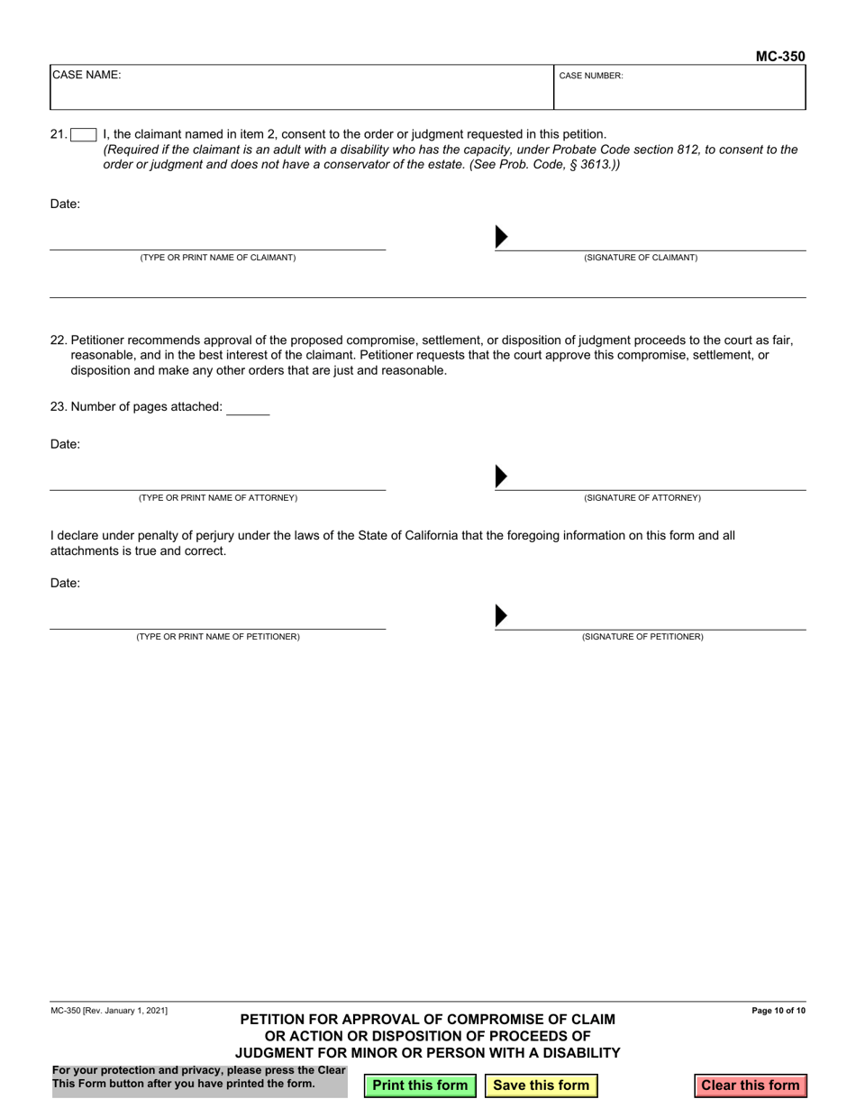 Form MC-350 Petition for Approval of Compromise of Claim or Action or Disposition of Proceeds of Judgment for Minor or Person With a Disability - California, Page 10