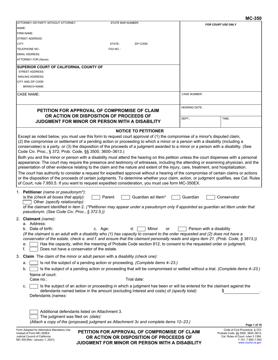 Form MC-350 Petition for Approval of Compromise of Claim or Action or Disposition of Proceeds of Judgment for Minor or Person With a Disability - California, Page 1
