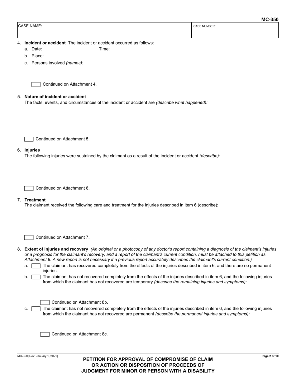 Form MC-350 Petition for Approval of Compromise of Claim or Action or Disposition of Proceeds of Judgment for Minor or Person With a Disability - California, Page 2