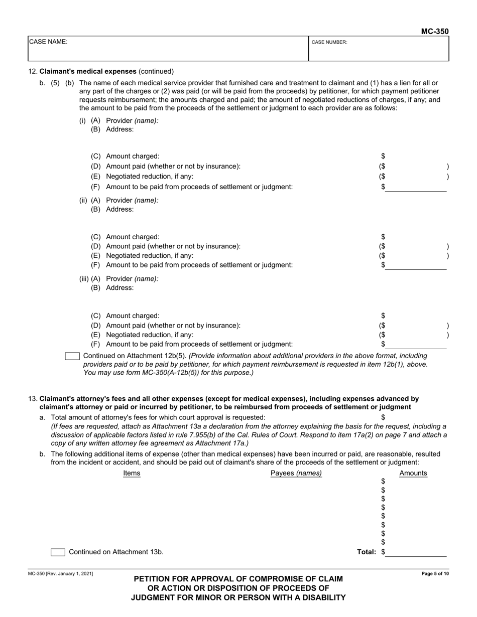 Form MC-350 Petition for Approval of Compromise of Claim or Action or Disposition of Proceeds of Judgment for Minor or Person With a Disability - California, Page 5