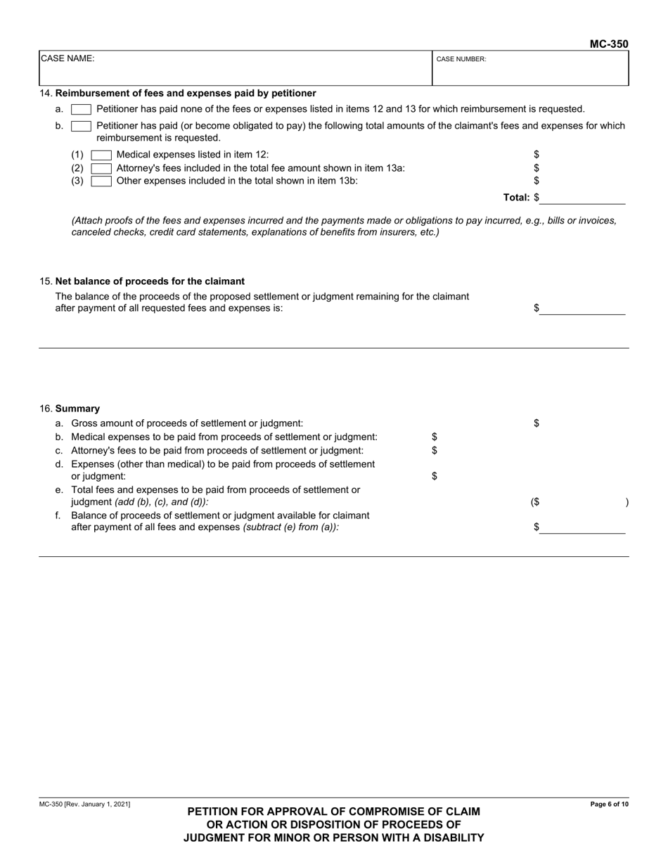 Form MC-350 Petition for Approval of Compromise of Claim or Action or Disposition of Proceeds of Judgment for Minor or Person With a Disability - California, Page 6