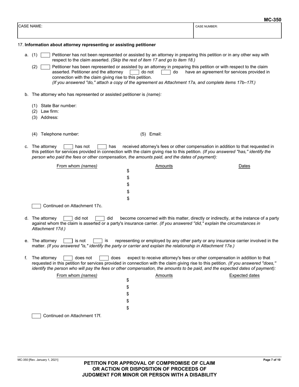 Form MC-350 Petition for Approval of Compromise of Claim or Action or Disposition of Proceeds of Judgment for Minor or Person With a Disability - California, Page 7